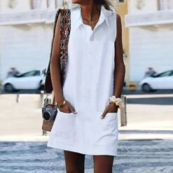 Summer Women Dress Turn-down Collar Pure Color Loose Pockets Sleeveless Straight Vest Type Casual Daily Wear Mini Dress 2XL Apricot