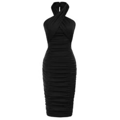 Women's Solid Color Sleeveless Cross Neck Dress L Black