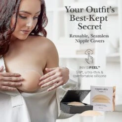 Nipple Cover - Sticky Adhesive Silicone Nipple Pasties - Reusable Pasty Nipple Covers For Women With Travel Box Fits D Plus Cups Creme