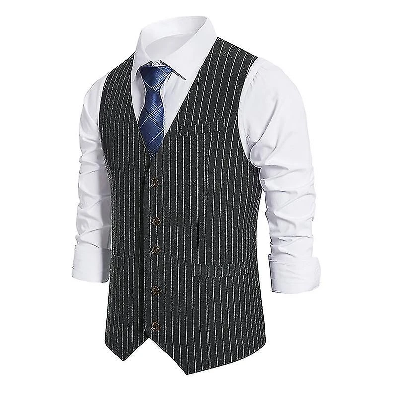 Men's Slim Fit Striped Business Suit Vest Formal Dress Tuxedo Waistcoat S Dark Grey - Image 4