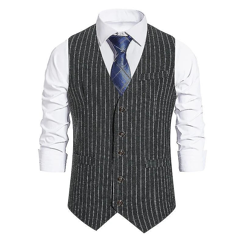 Men's Slim Fit Striped Business Suit Vest Formal Dress Tuxedo Waistcoat S Dark Grey