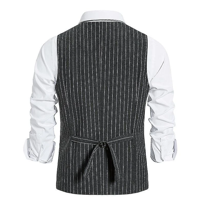 Men's Slim Fit Striped Business Suit Vest Formal Dress Tuxedo Waistcoat S Dark Grey - Image 2