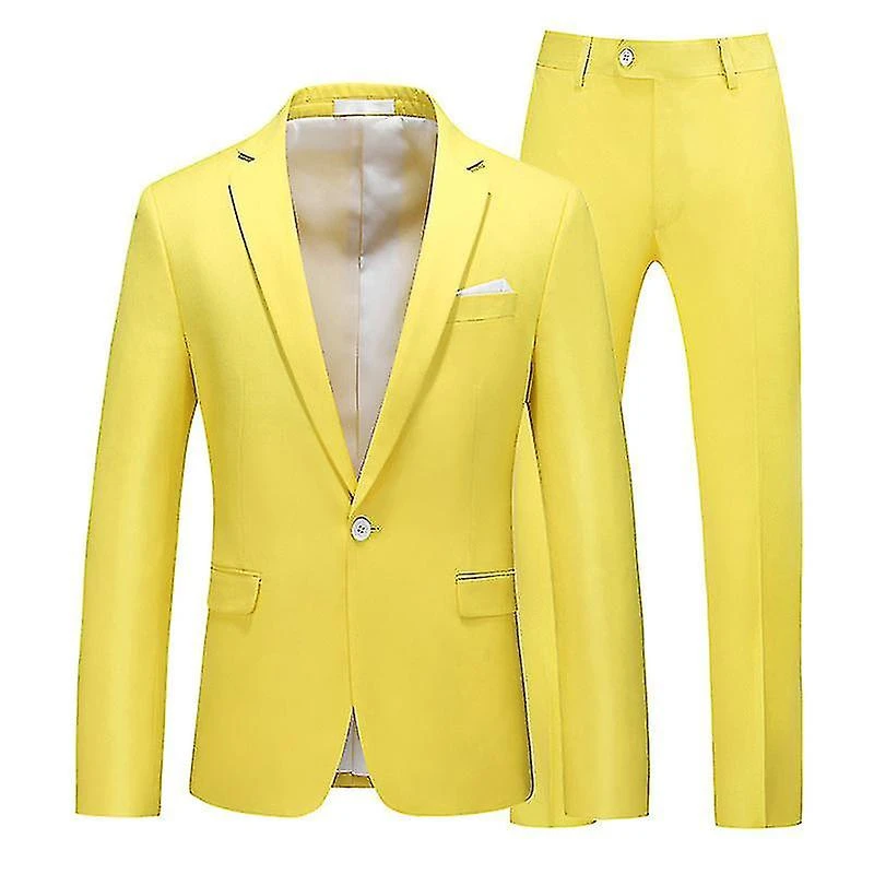 Mens Suit Slim Fit 1 Button 2 Piece Wedding Party Holiday Solid Color Tux Suits For Men Yellow
