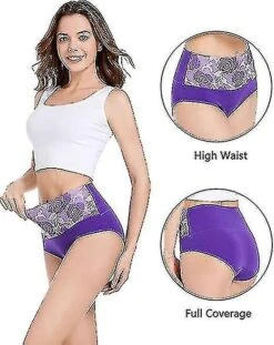 8pcs Underwear Cotton High Waist Tummy Control Panties Women's Rose Jacquard Ladies Panty L Black-3pcs