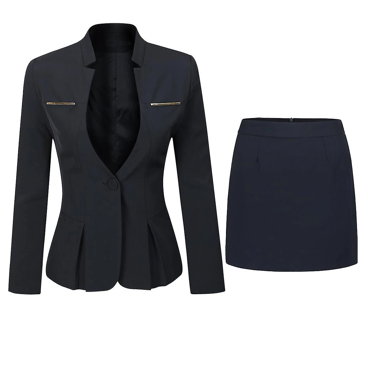 Womens 2-piece Business Suit Ruffle Hem One Button Professional Workwear (blazer + Skirt) Black - Image 5