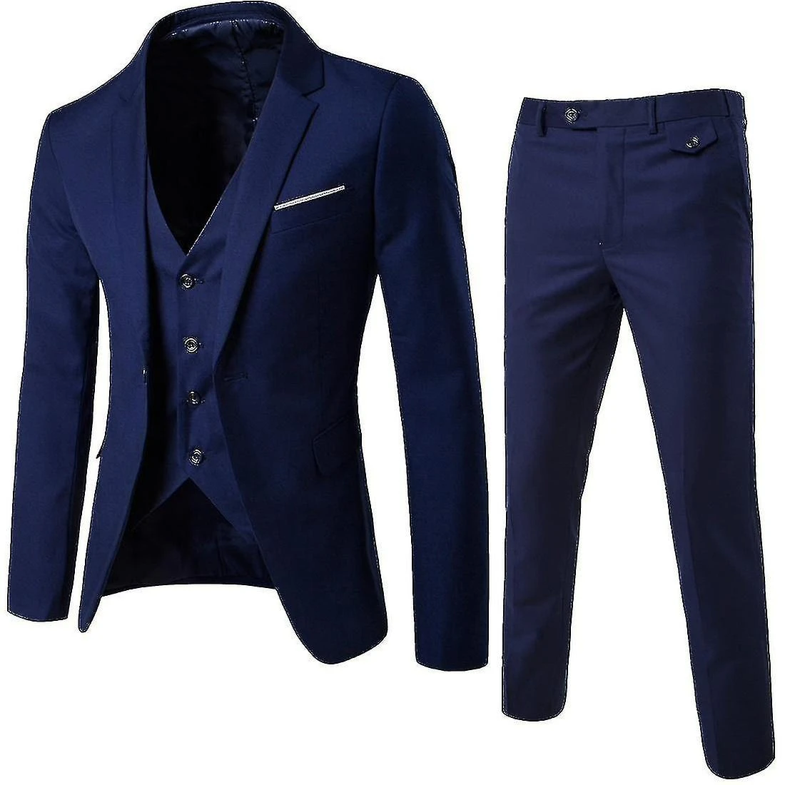 3pcs Men's Slim Fit Suit Set One Button Solid Jacket Vest Pants Business Set Navy Blue