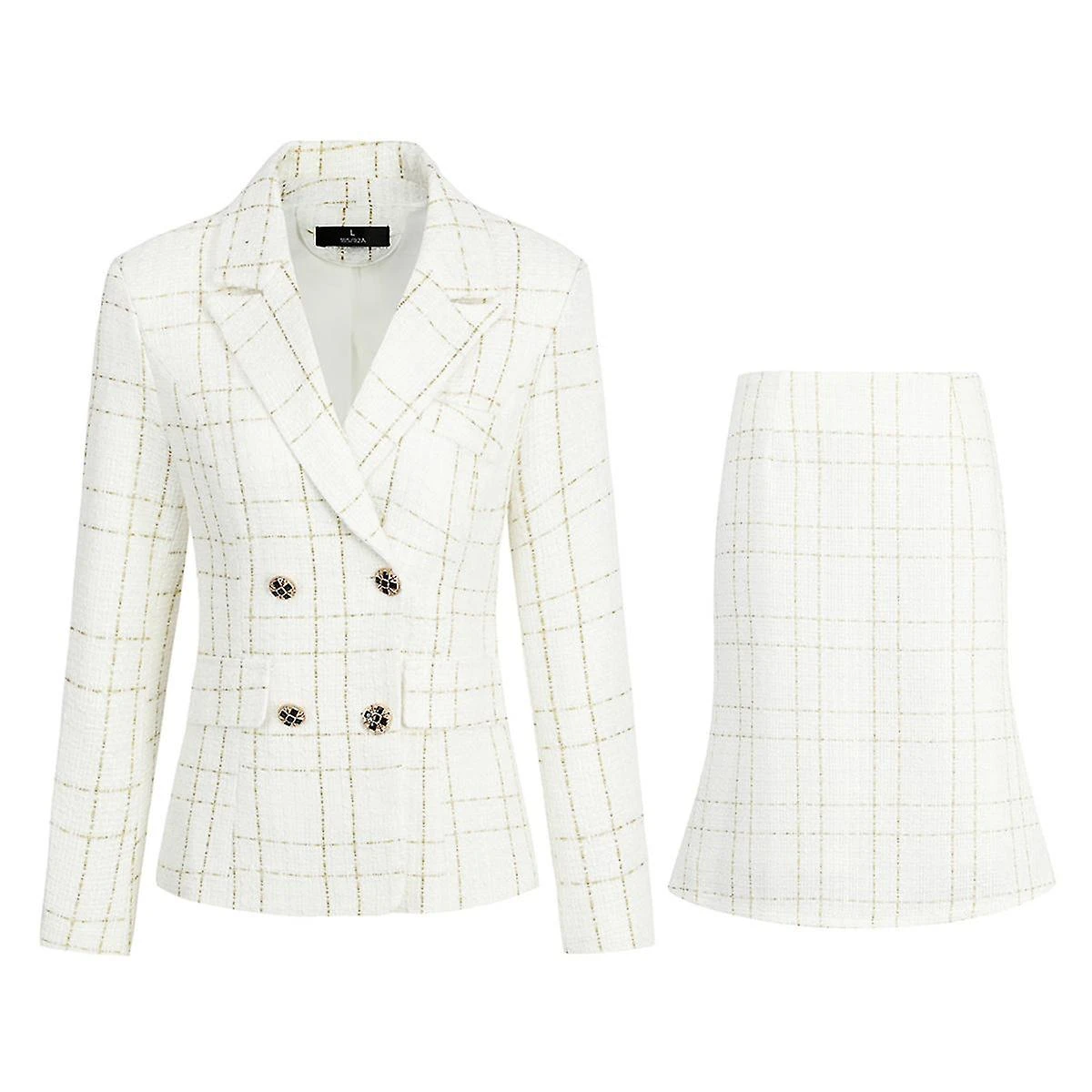 Women's 2 Piece Elegant Double Breasted Plaid Dress Skirt Suit Set XS White - Image 2