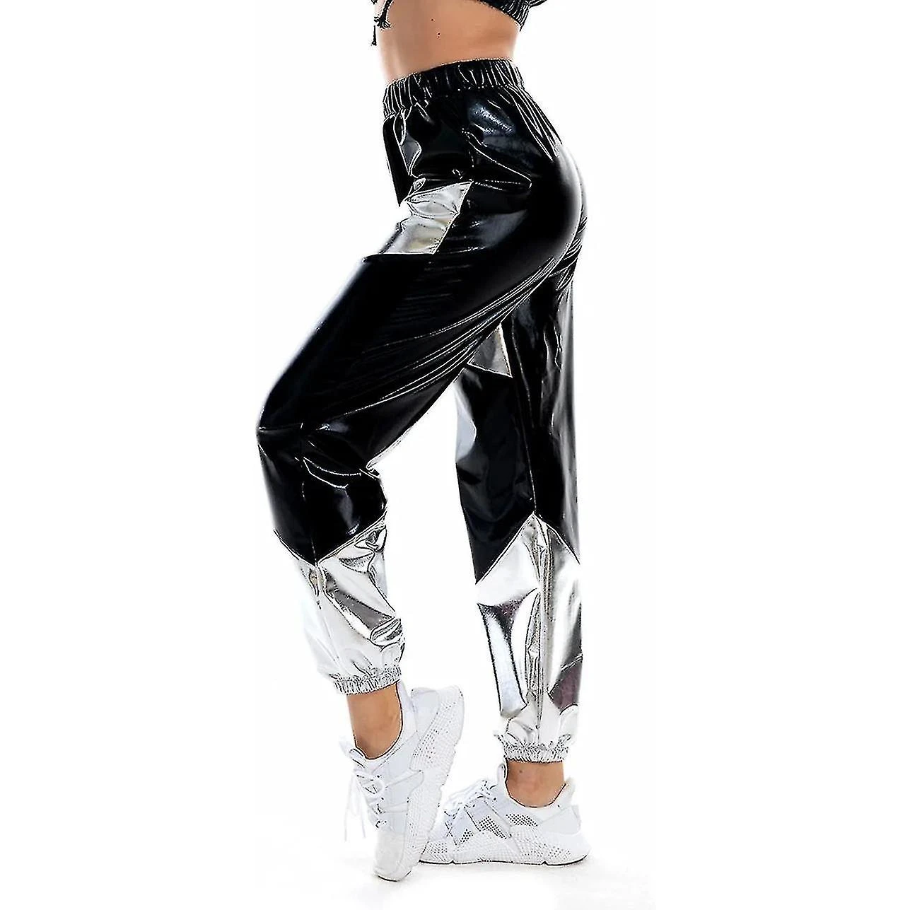 Women's Metallic Shinny Pants Color Block High Waist Jogger Pants S Black - Image 2
