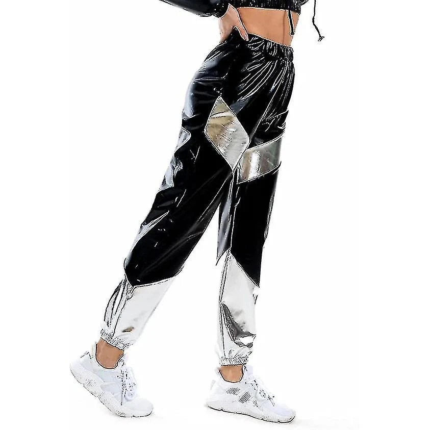 Women's Metallic Shinny Pants Color Block High Waist Jogger Pants S Black