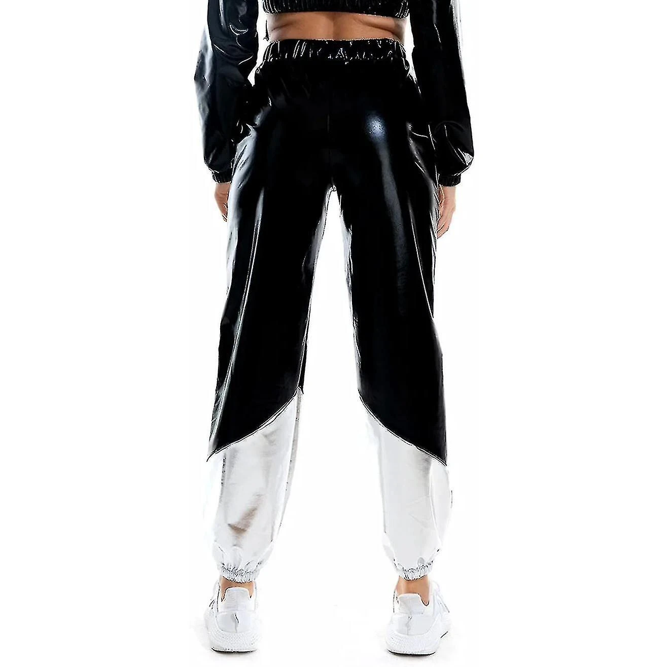 Women's Metallic Shinny Pants Color Block High Waist Jogger Pants S Black - Image 3