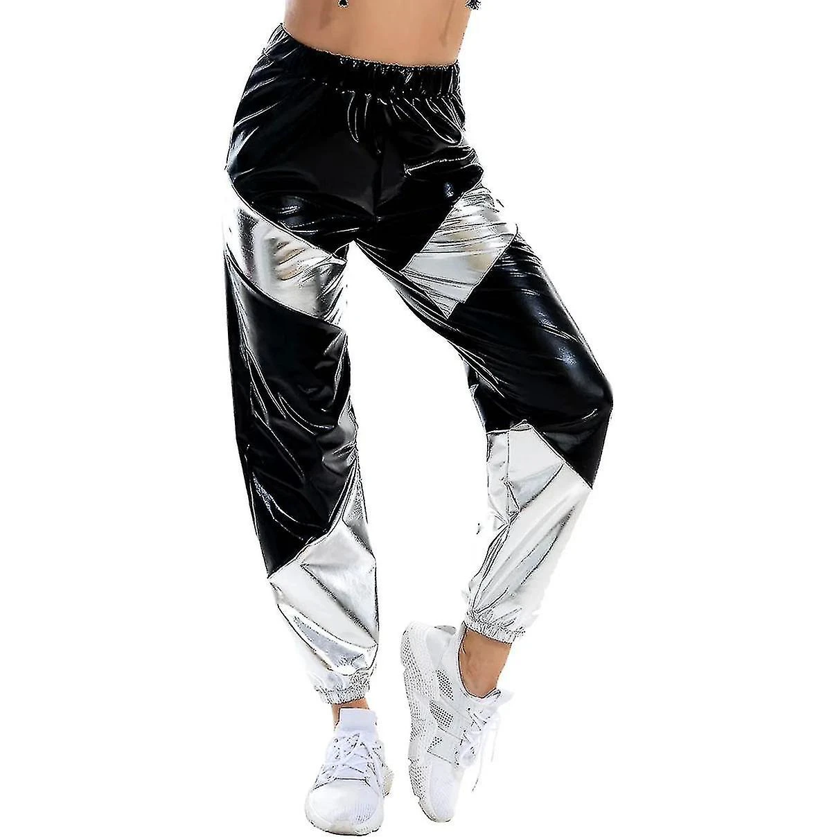 Women's Metallic Shinny Pants Color Block High Waist Jogger Pants S Black - Image 4