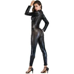 Women's Hollow Catsuit Jumpsuit Metallic Clubwear Costume Stripper Lingerie February7 S Black