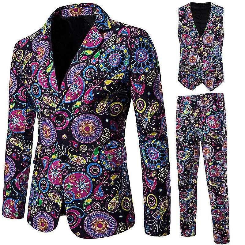 Men's Suits 3 Pcs Printed Suits, Stage Show Casual Jacket + Vest + Pants, Party Banquet Evening Dress Slim Fit M