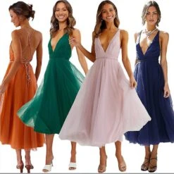 Womens Halter Dress Ladies Party Backless Sexy Mesh Dress Bridesmaid Dresses DMJG S Pink