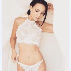 Women Lace Sheer Halter Bra Top G-string Lingerie Panty Set XL White