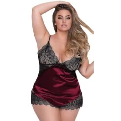 Women Satin Nightdress Erotic Lingerie Underwear Babydoll Dress Nightwear Plus Size 5XL Wine Red