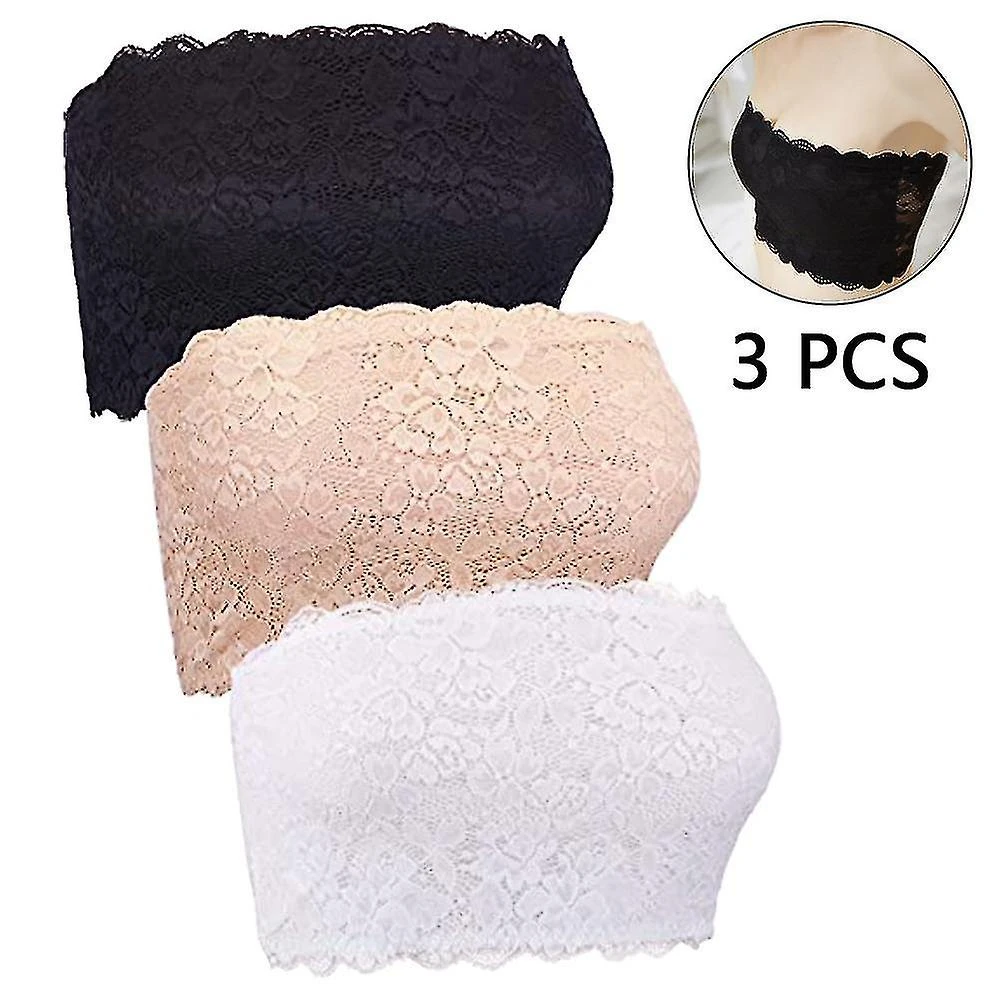 Women's Floral Lace Tube Top Bra Bandeau Strapless Bras Seamless Stretchy Chest Wrap(3 Pcs, White, Flesh, Black) - Image 2