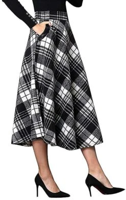 Women's Maxi Skirts Tartan Wool Long Warm With Elastic Waist Plus Size X Large Mid Calf Black White
