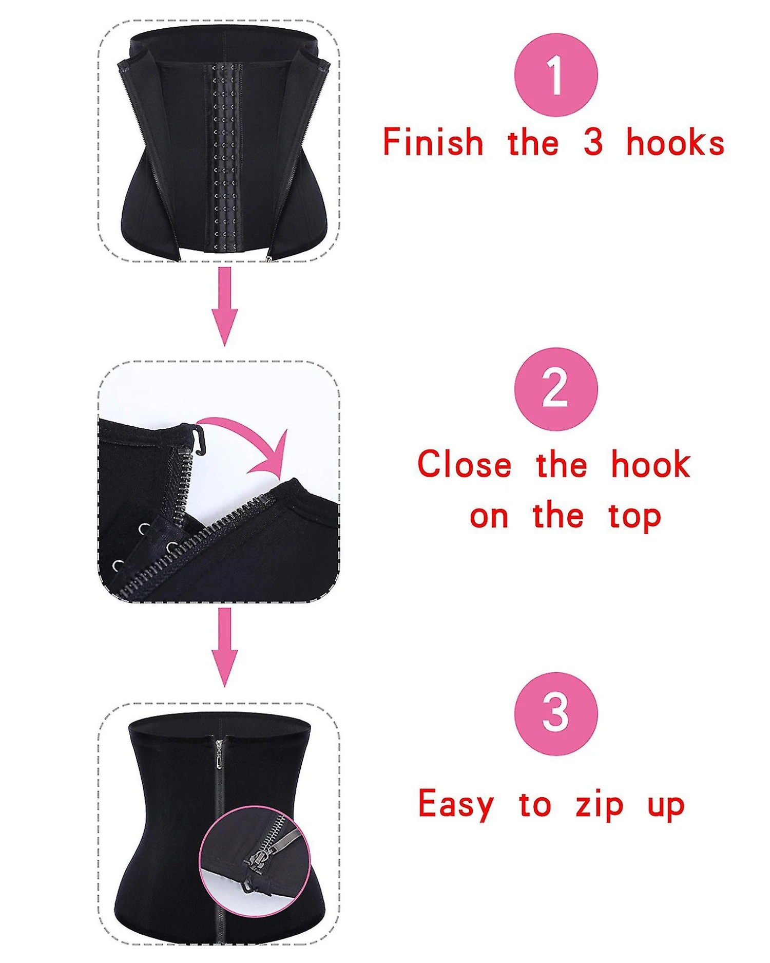 3 Clip&1 Zip 6 Steel Boned Waist Trainer Corset Sport Workout Body Shaper Tummy Control Black - Image 2