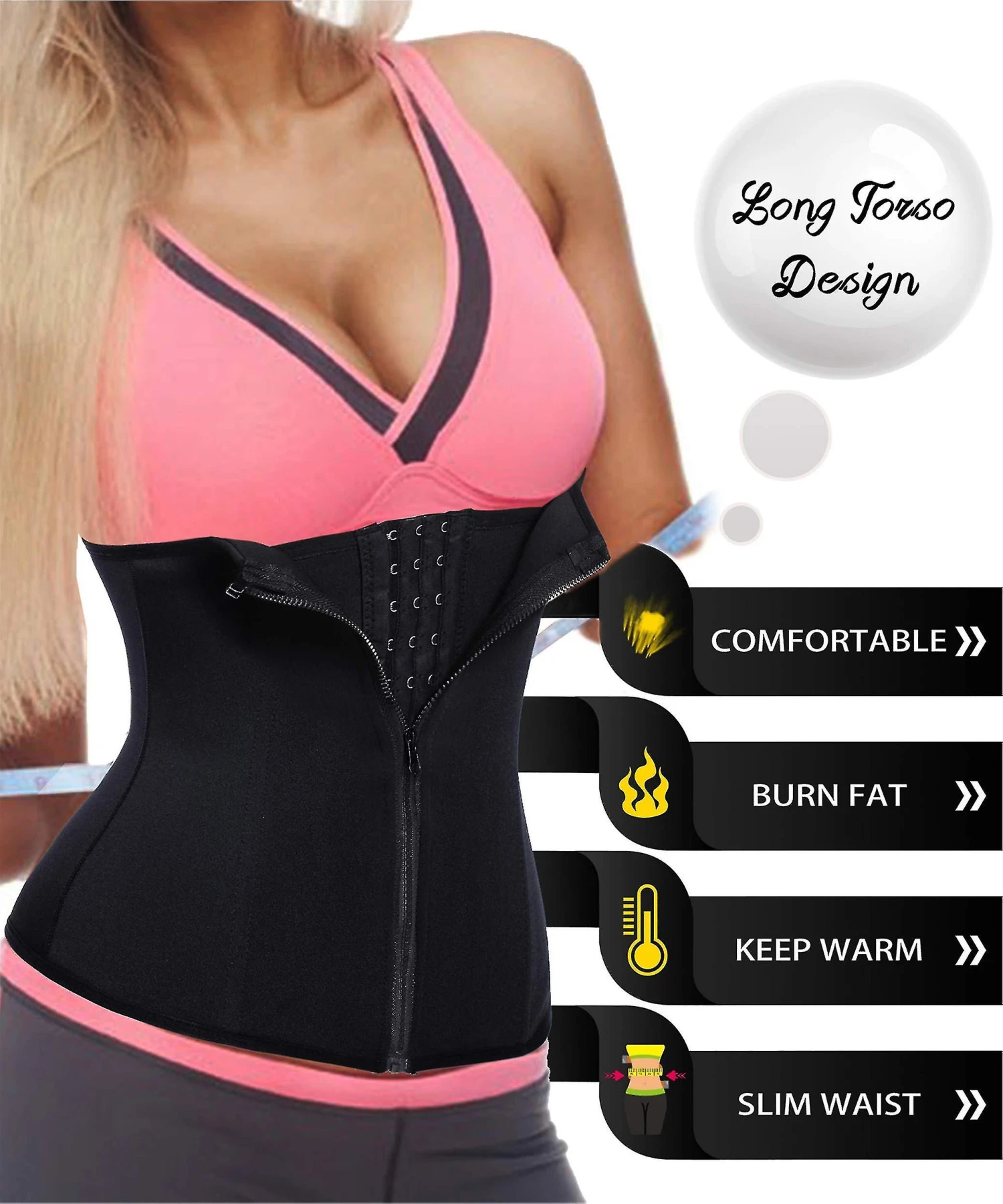 3 Clip&1 Zip 6 Steel Boned Waist Trainer Corset Sport Workout Body Shaper Tummy Control Black