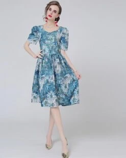 2022Spring And Summer Skirt Oil Painting Print Palace Retro Puff Sleeve Waist Dress For Women XXL