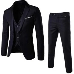 Men's 3 Piece Slim Fit Suit Set One Button Solid Jacket Vest Pants Business Set L Black