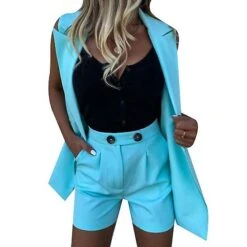 Women's Two Pieces Outfit, Sleeveless Blazers Jacket With Shorts Suit Set XL Blue