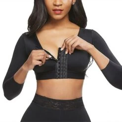 Womens Shapewear 3/4 Sleeve Arm Shaper Front Closure Compression Bra Post Surgery Posture Corrector Tank Top BLACK