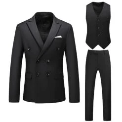 Men's 3 Piece Slim Fit Suit Set Double Breasted Solid Jacket Vest Pants Business Suit Black For Wedding Party