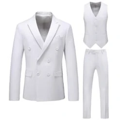 Men's 3 Piece Slim Fit Suit Set Double Breasted Solid Jacket Vest Pants Business Suit White For Wedding Party