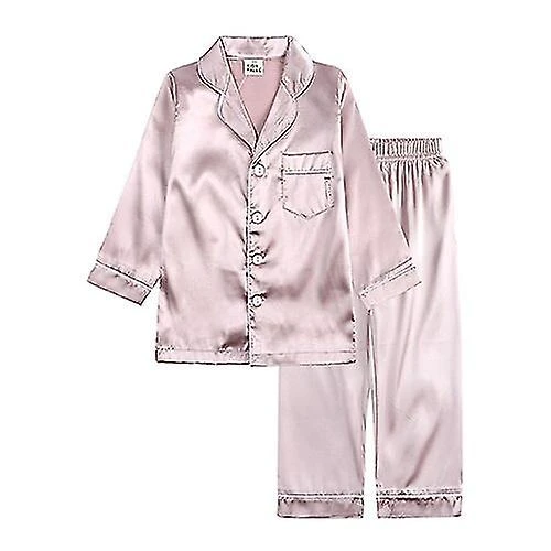 (top+pants) Children's Pajamas Silk Satin Solid Button Down Pajamas Light Khaki - Image 2