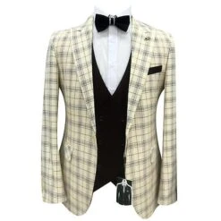 Mens 3 Piece Slim Fit Checked Suit Single Breasted Vintage Suits 2XL Beige
