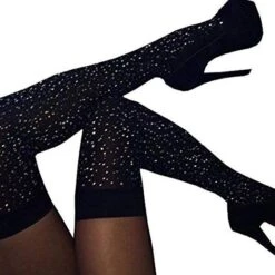 Women Over The Knee High Thigh Sock Crystal Diamond Stripper Long Thigh Black