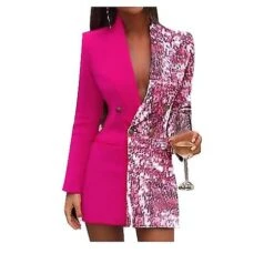 Women Fashion Colorblock Sequins Long Sleeve Double Breasted Bodycon Blazer XL Pink
