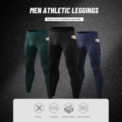 Men Sports Pants Elastic Waist Side Pockets Moisture-wicking Stretchy Tights Running Weightlifting Athletic Leggings Small Red