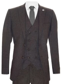 Mens Brown Wool 3 Piece Suit Double Breasted Tweed