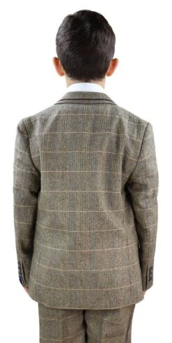 Boys 3 Piece Tan Brown Herringbone Tweed CheckSuit