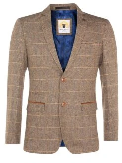Mens 3 Piece Tan Herringbone Tweed Check Suit