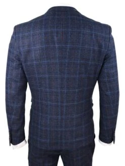 Mens 3 Piece Navy Blue Tweed Check Vintage Suit