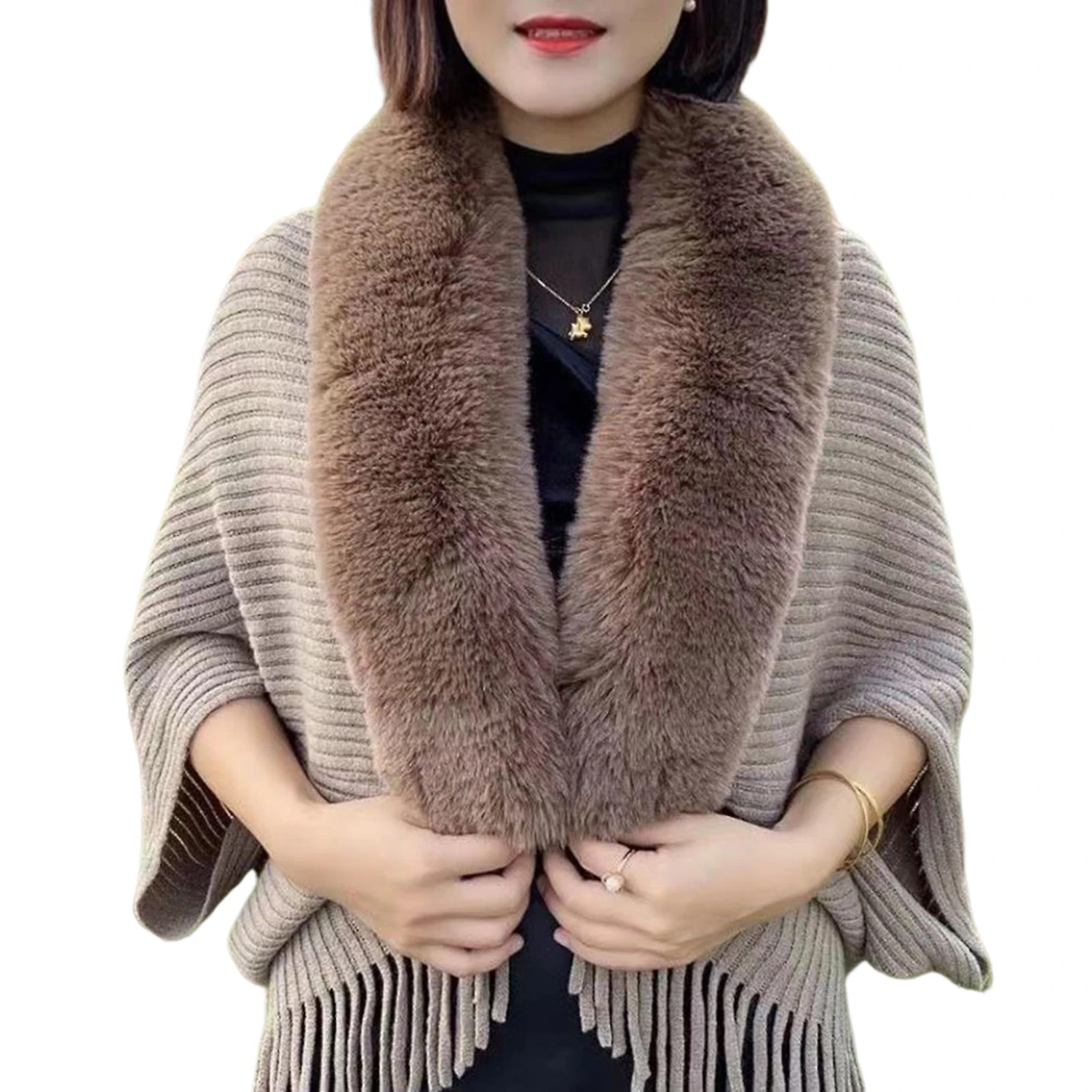 Women's Autumn Winter Loose Thick Imitation Rabbit Fur Collar Sweater Fashion New Noblewoman Coffee Color - Image 3
