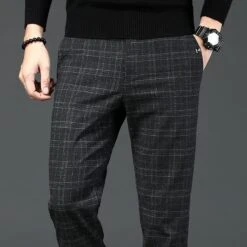 New Mens Casual Plaid Pants Business Casual Slim Fit Dark Grey Classic Style Elastic Trousers Male Brand Clothes Street Fashion Grey