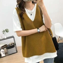 Women's Sweater Vest Jumper Ribbed Knit Tunic Knitted Pure Color V Neck Vintage Style Casual Daily Going Out Spring Summer Gray Yellow One-size / Cott