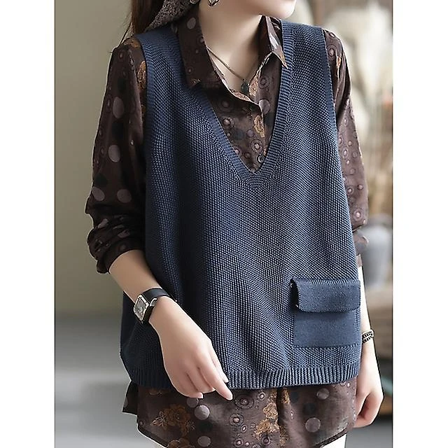 Women's Sweater Vest Jumper Ribbed Knit Knitted Pure Color V Neck Stylish Casual Daily Holiday Fall Winter Black Blue One-size / Cotton / Sleeveless / - Image 4