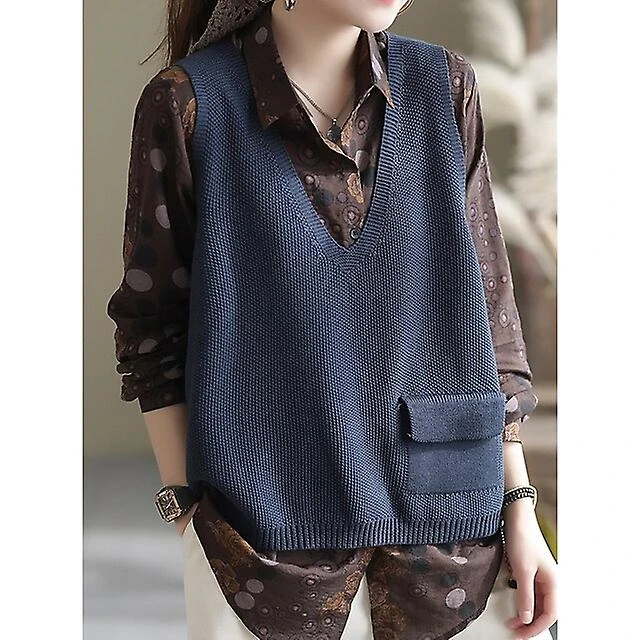 Women's Sweater Vest Jumper Ribbed Knit Knitted Pure Color V Neck Stylish Casual Daily Holiday Fall Winter Black Blue One-size / Cotton / Sleeveless / - Image 2