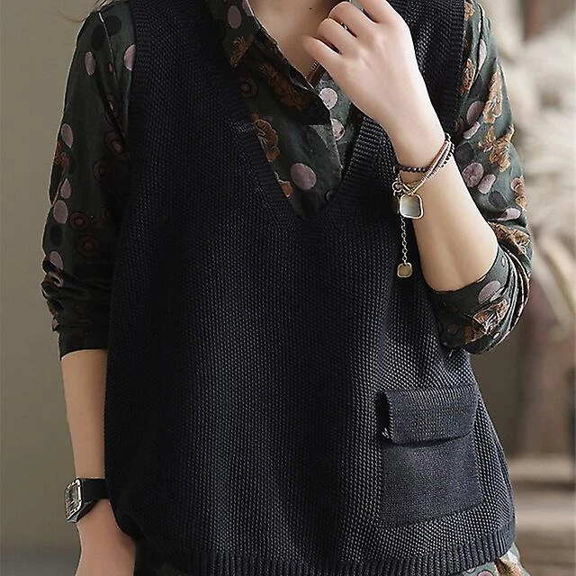 Women's Sweater Vest Jumper Ribbed Knit Knitted Pure Color V Neck Stylish Casual Daily Holiday Fall Winter Black Blue One-size / Cotton / Sleeveless / - Image 5