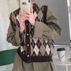 Women's Sweater Vest Jumper Knit Knitted Button Plaid V Neck Stylish Casual Daily Going Out Spring Summer Navy Blue Coffee One-size / Sleeveless / Reg