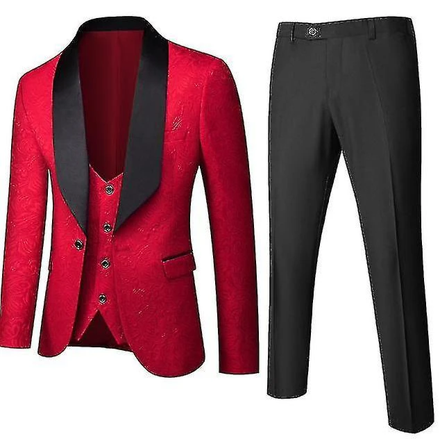 Men's Suit Business Casual 3-pieces Suit Blazer Pants Vest Wedding Party Festive Wear Red