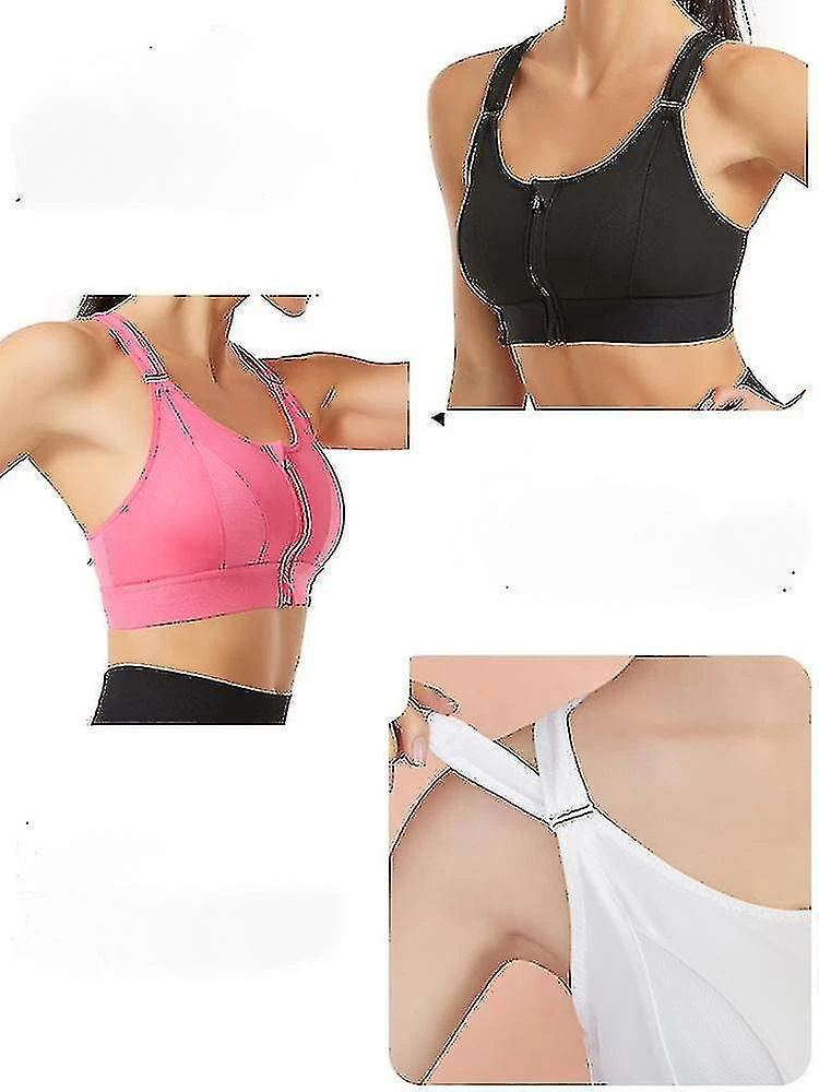 Women's Zip Front Sports Bra Post-surgery Removable Pads Active Sports Bra-black