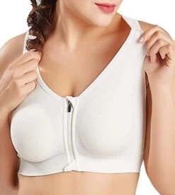 Womens Zip Front Sports Bra Wireless Post-surgery Bra XL White