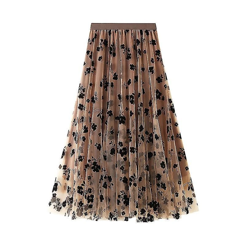 Women Flocked Mesh Half-body Skirt Mid-length Section Thin Draped Sarong Super Fairy Pleated Dress Skirt Khaki - Image 5